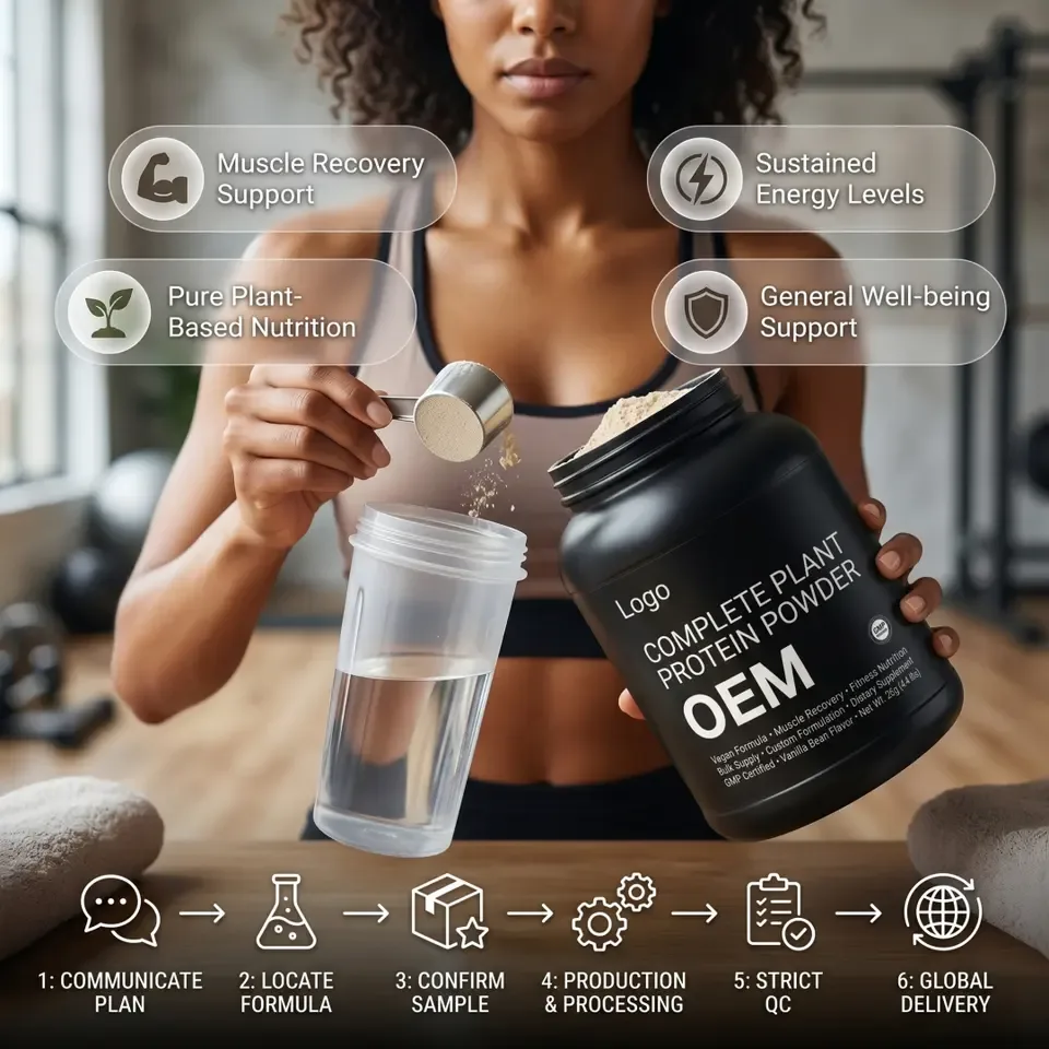 GMP Certified OEM Complete Plant Protein Powder Vegan Muscle Recovery Fitness Nutrition Custom Formula Bulk Adults Children - 产品图片 2
