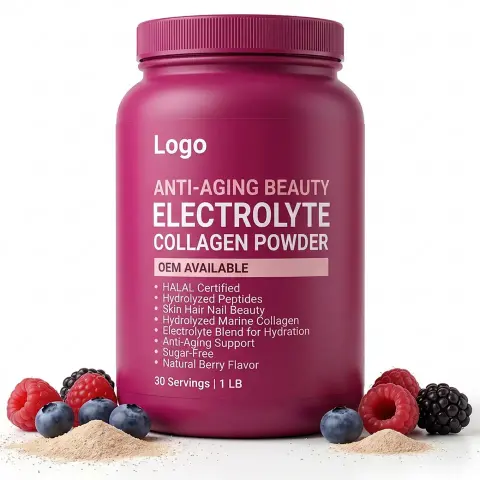 Halal Private Label Custom Electrolyte Collagen Powder Skin Hair Nail Beauty Anti Aging Sugar Free Berry Flavor Top Supplement