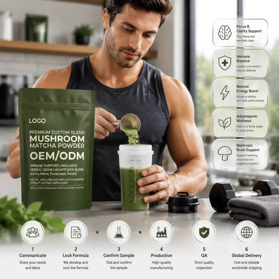 Premium Quality OEM Custom Blend Mushroom Matcha Powder Private Label Organic Antioxidant Immune Support Clean Energy Adult - 产品图片 2