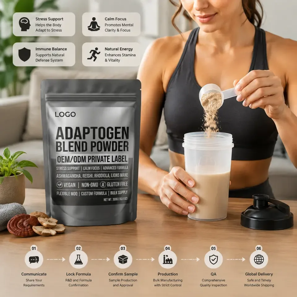 Flexible MOQ Private Label Adaptogen Blend Powder Vegan Non GMO Stress Support Calm Focus Natural Bulk Supply - 产品图片 2