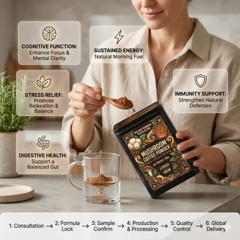 Flexible MOQ Private Label Fast Shipping Wholesale Natural Plant Based Instant Morning Focus Blend Mushroom Coffee Powder Adult