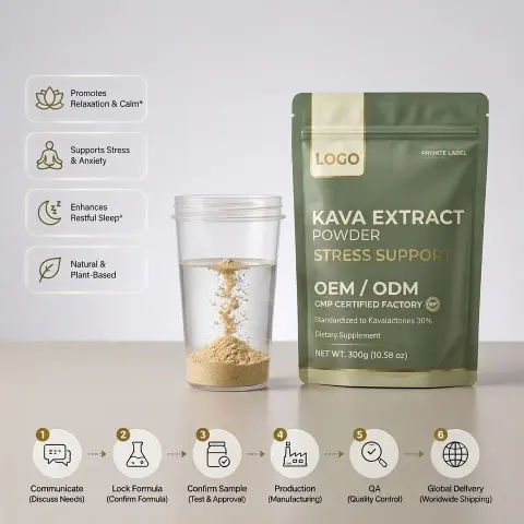 Vegan GMP Certified Private Label Calm Stress Kava Extract Kavalactones Antioxidant Herbal Supplement Powder for Adults